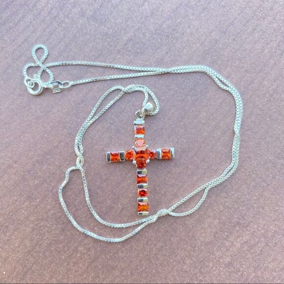 Sterling Silver Cross Necklace-Bole Orange CZ-18" Box Chain - Picture 4 of 8
